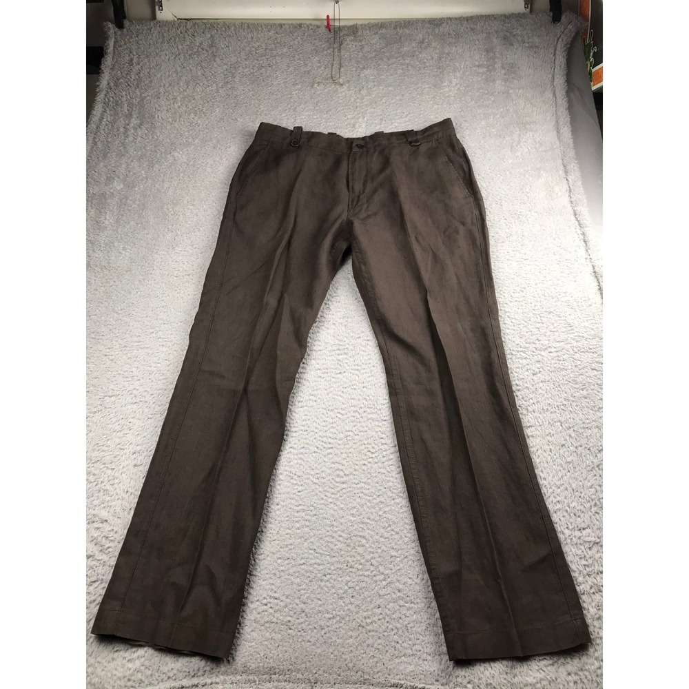 John Varvatos Pants Men 38x33 Brown 100% Linen Straight Leg Flat Front Trousers